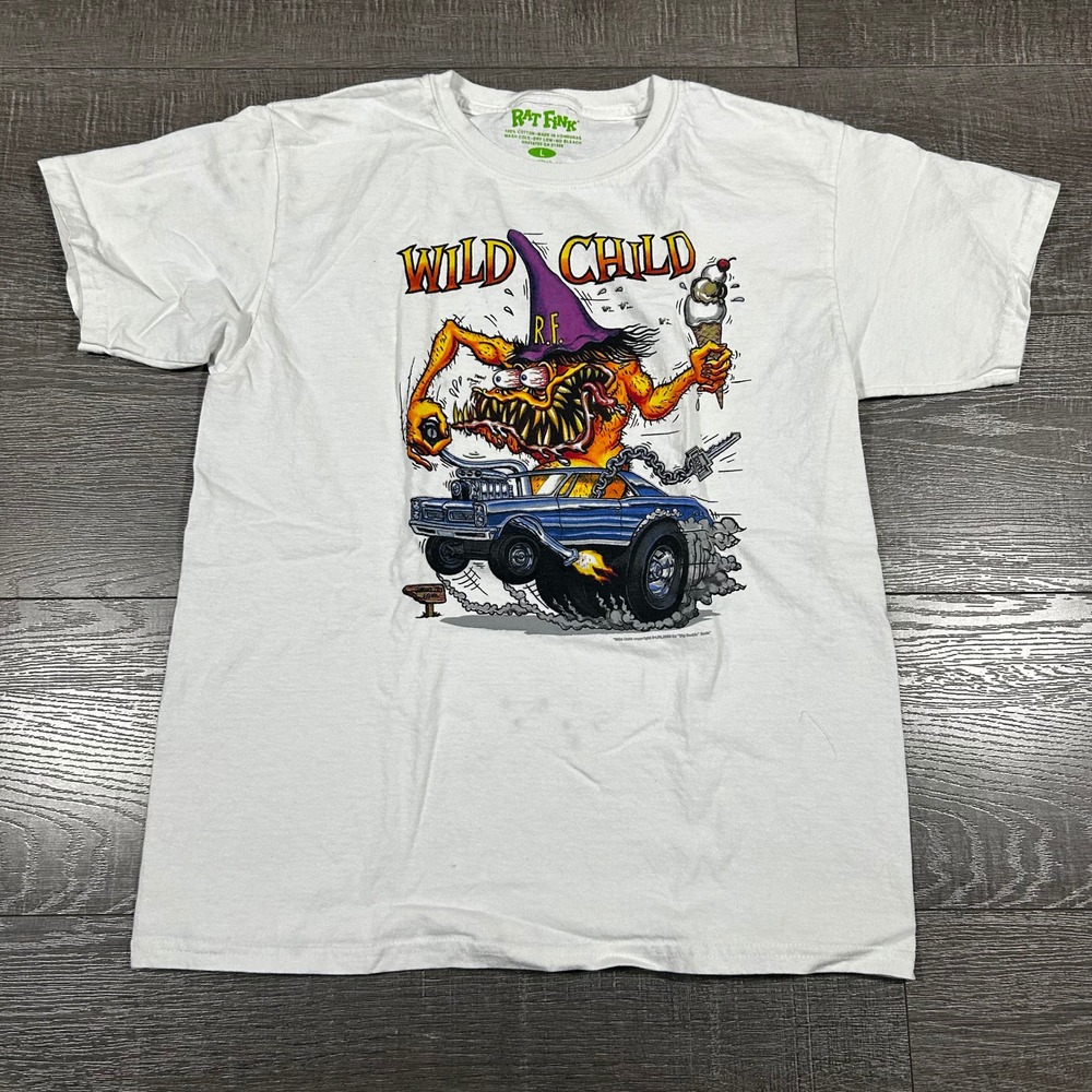 Rat Fink Wild Child Ed Big Daddy Roth White Graphic T-Shirt Mens Large